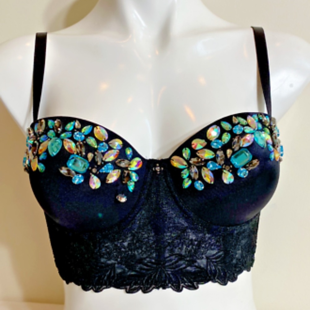 bebe Black Embellished Longline Bra with Iridescent Jewels